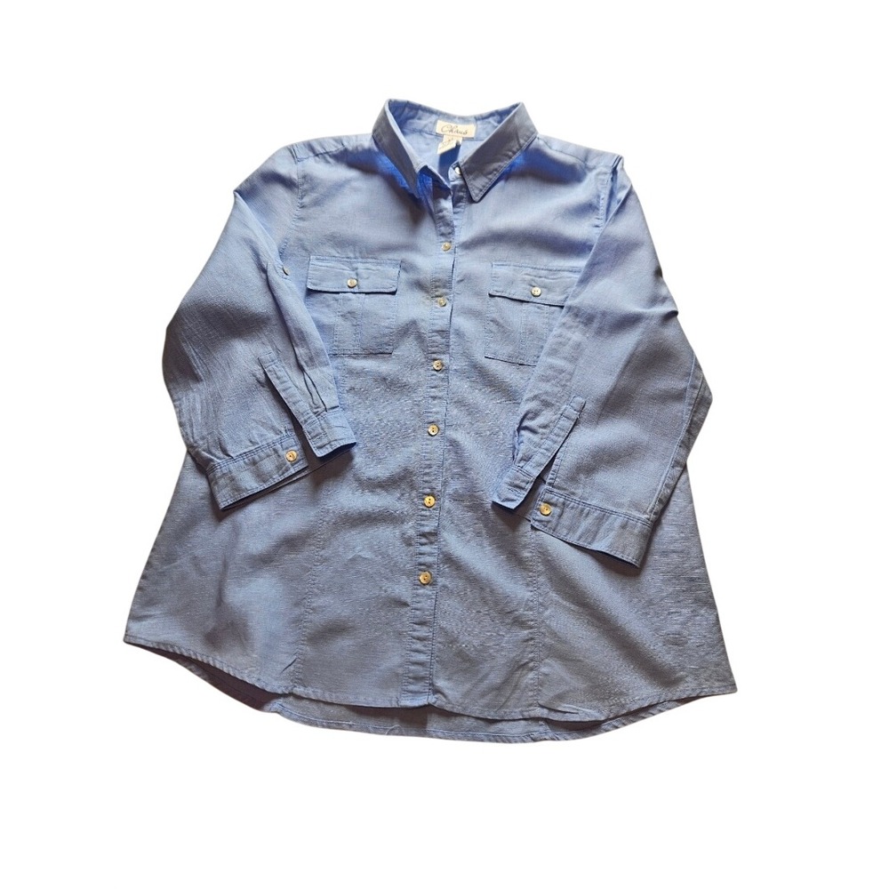 Chaus Womens Cornflower Blue Linen Blend‎ Button Down 3/4 Sleeve Shirt Large